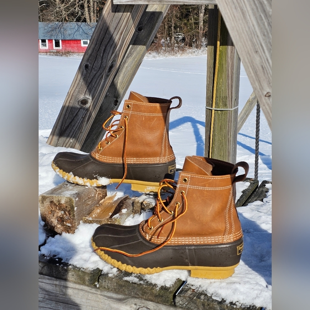 LL Bean, size 8, duck boots, brown and tan